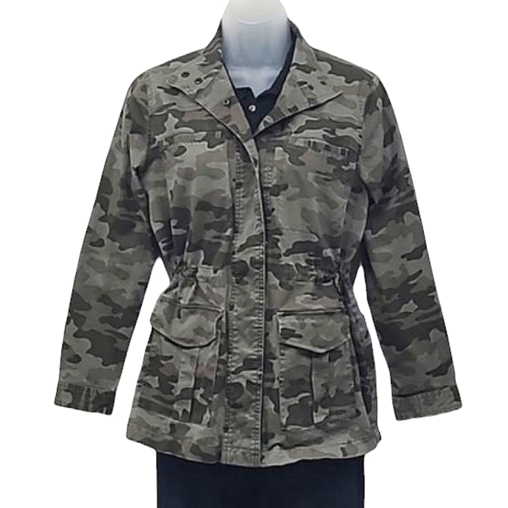 Universal Thread Camouflage Jacket Button Up Camo Drawstring Waist Crewneck